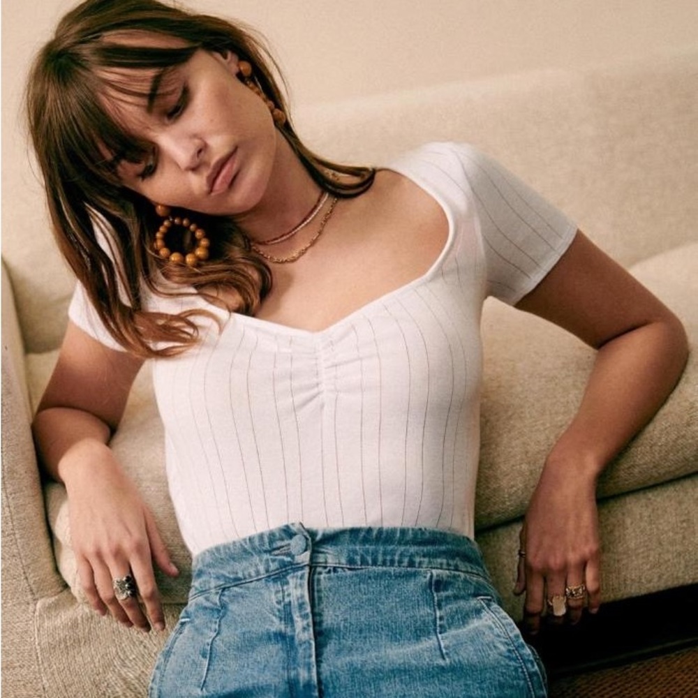 Sezane Irina V Neck Cotton T Shirt XS